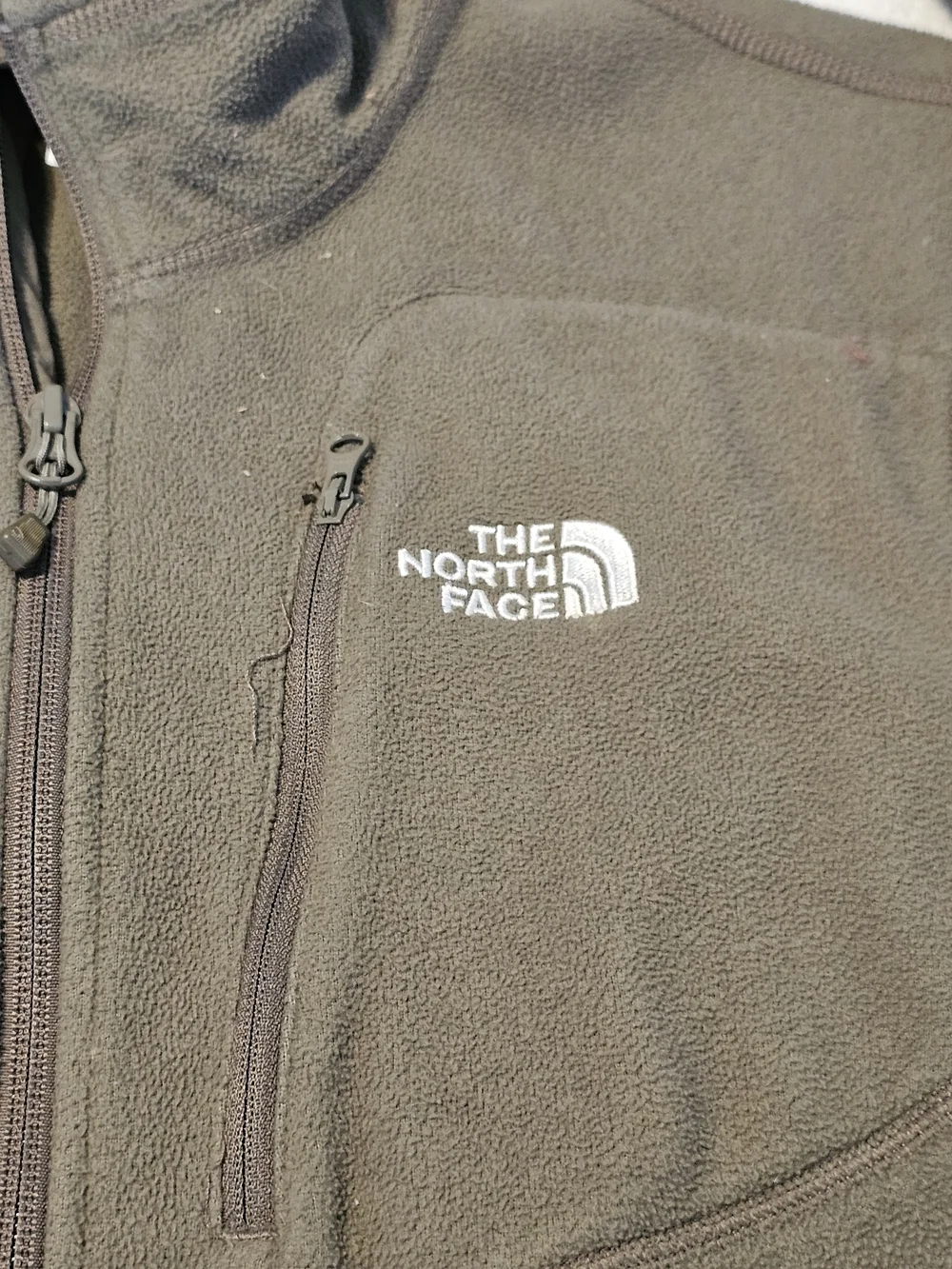 The North Face Mens Medium 1/4 Zip Brown Khaki Fleece Pullover Pockets Logo Euc